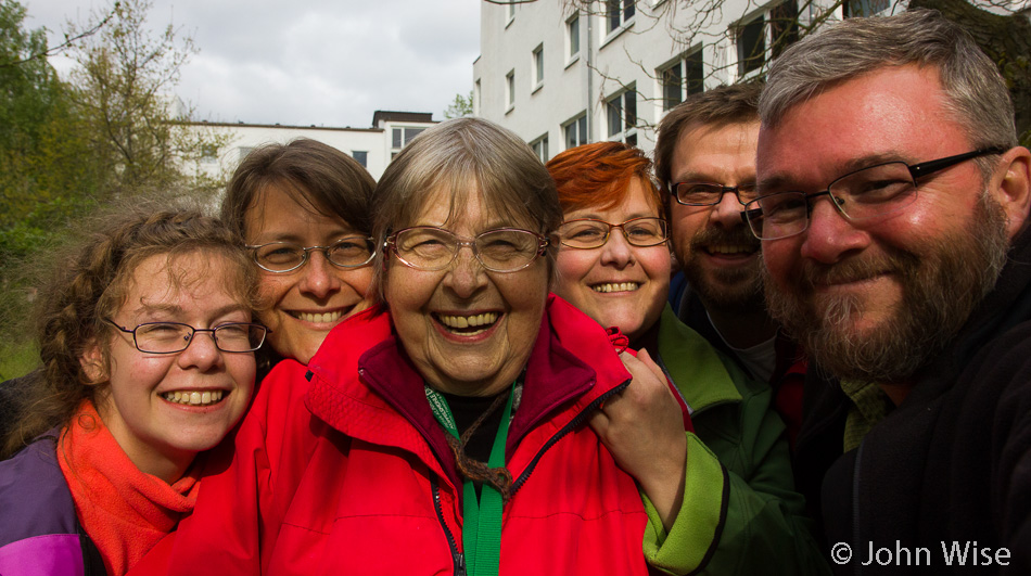 Katharina Engelhardt, Caroline Wise, Jutta Engelhardt, Stephanie and Klaus Engelhardt, and John Wise in Frankfurt, Germany