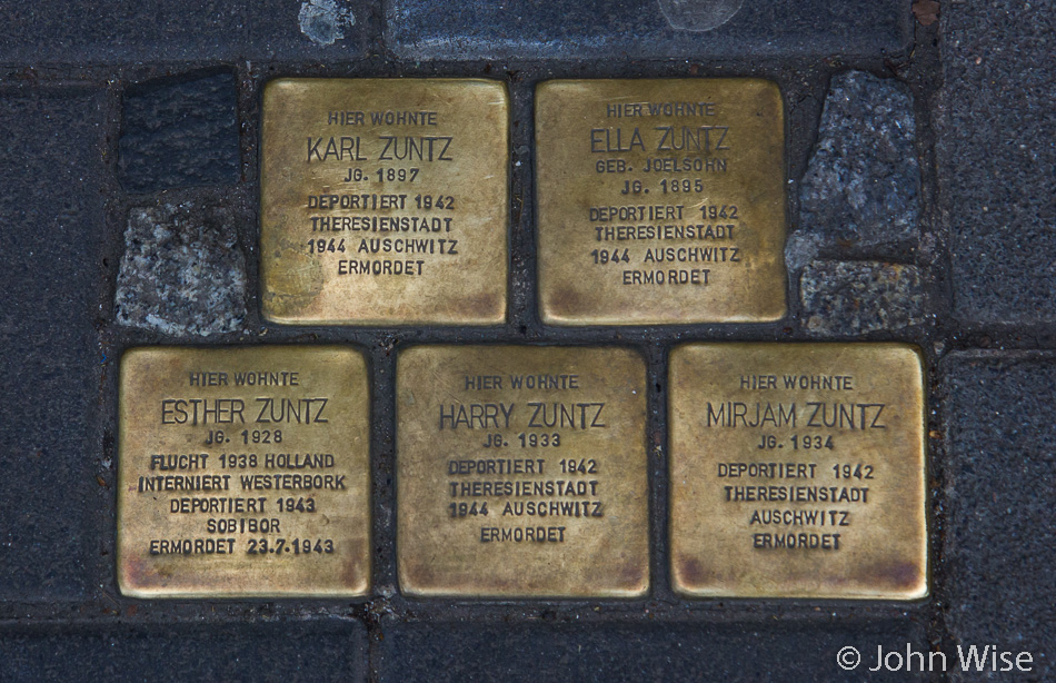Stolpersteine (stumbling stones) that are supposed to make you stop, read, and think about what is marked on them. In Frankfurt, Germany