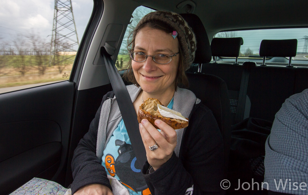 Caroline Wise making onion bread and brie sandwiches on the road to Lübeck, Germany