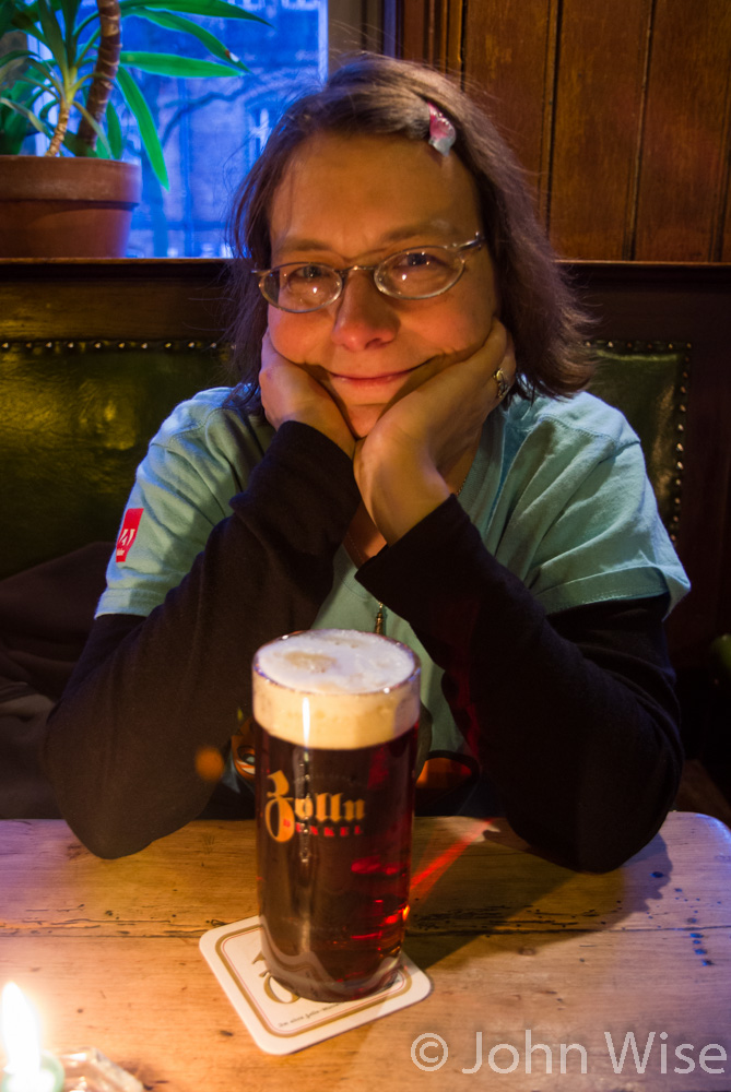 Caroline Wise enjoying a beer at Im Alten Zolln in Lübeck, Germany
