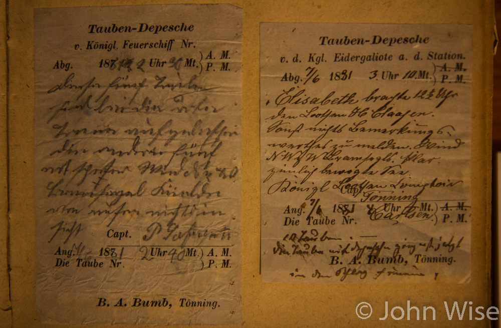 Notes that had at one time been tied to the leg of a pigeon used for communication. On display at the North Frisian Maritime Museum in Husum, Germany