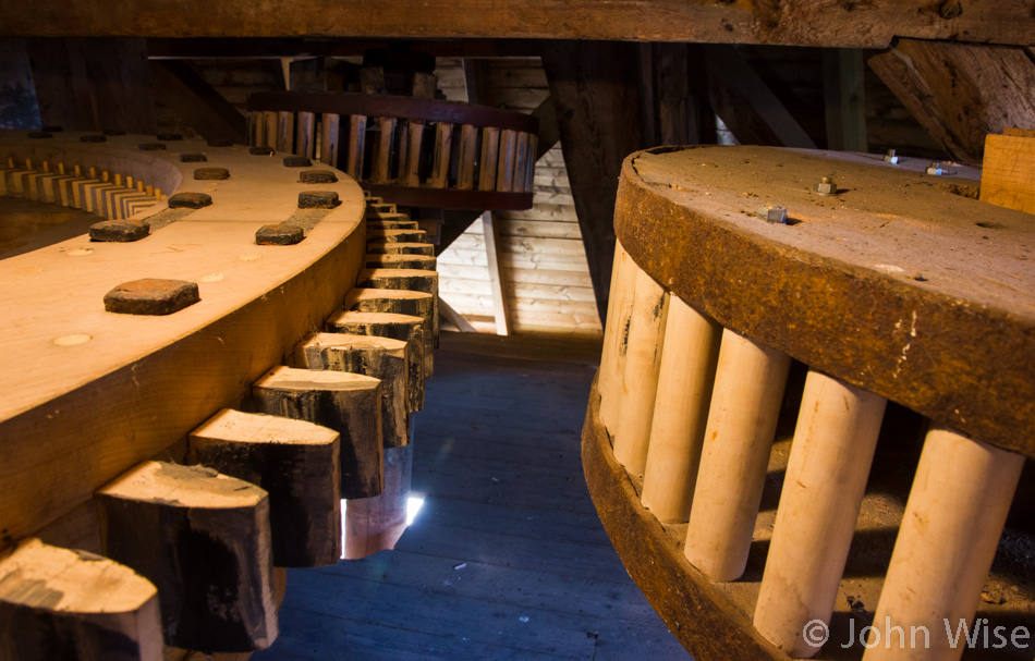 Gears that when engaged spin the various elements of the mill here in Høyer, Denmark