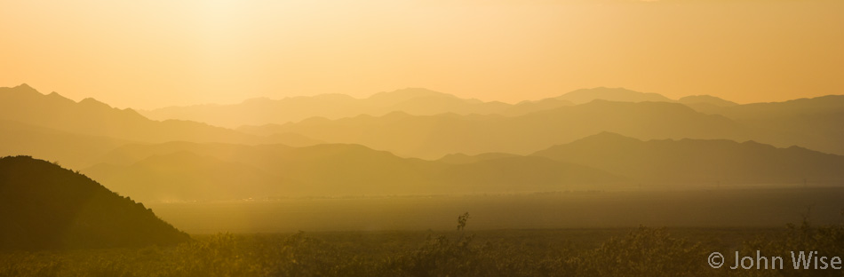 The sun about to set over the Mojave Desert and Death Valley in California