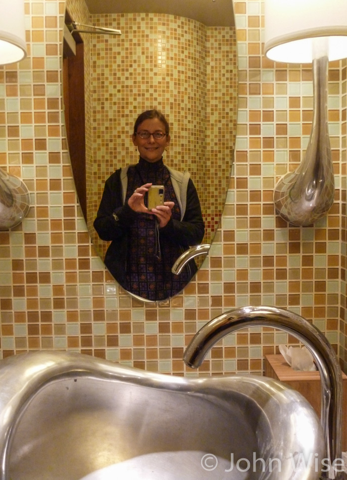 Caroline Wise fascinated by the sink at the Doubletree Hilton on Times Square in New York City