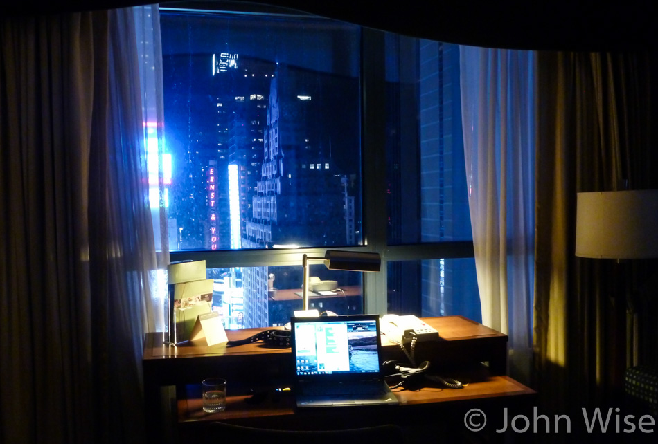 Caroline Wise's work setup while on a business trip in New York City at the Doubletree Hilton on Times Square