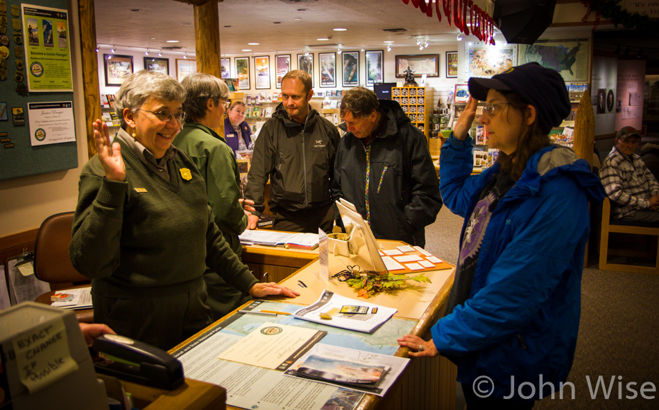 Caroline Wise being sworn in as a Junior Ranger at Fort Clatsop National Historical Park in Oregon