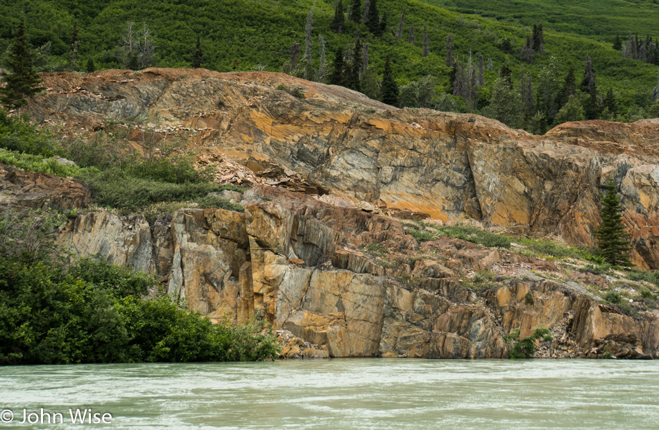 Looking at shore while on the Alsek River in Yukon, Canada