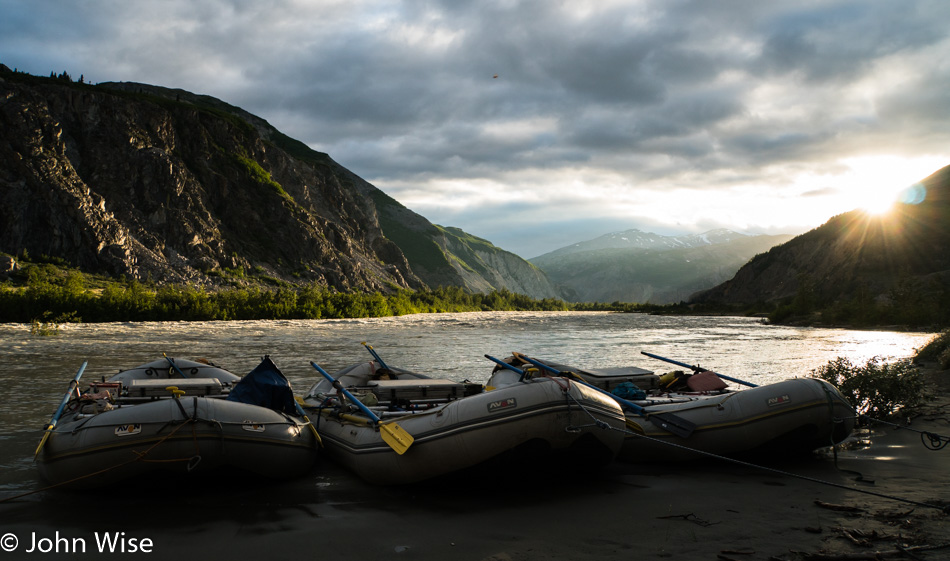 Rafts tied up for the evening on the Alsek River in Yukon, Canada