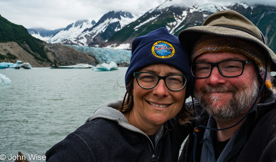 Caroline Wise and John Wise in front of Walker Glacier on the Alsek River in the United States