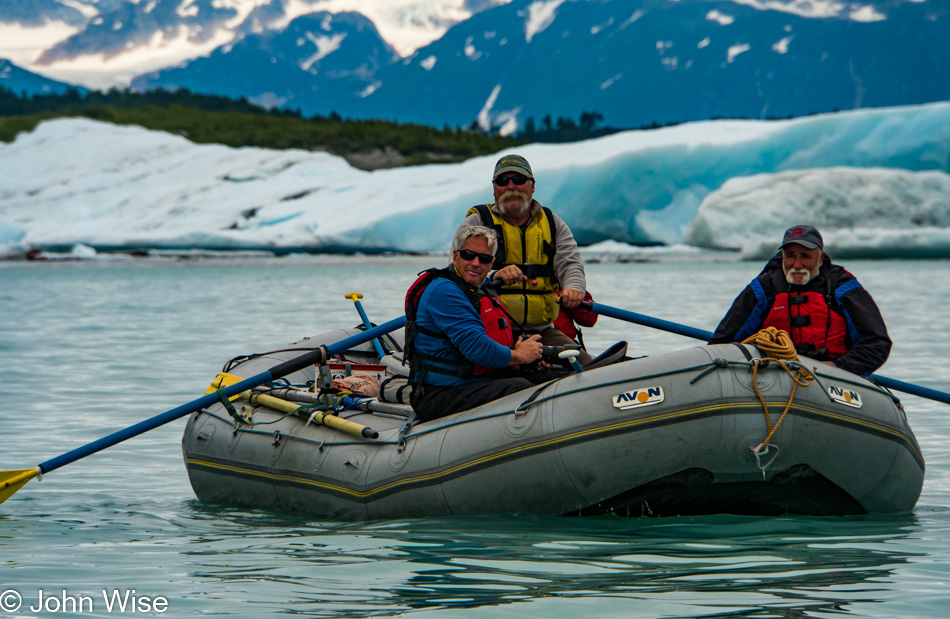 Keith Dimond, Thirsty, and Don on the Alsek Lake in Alaska
