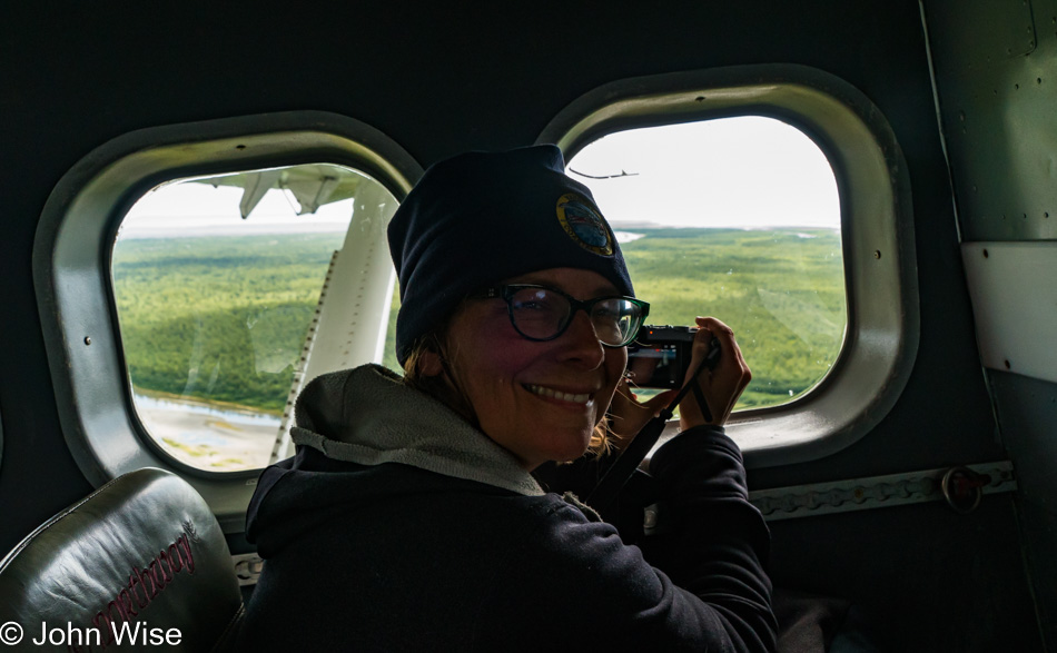 Caroline Wise on the plane from Yakutat Coastal Airlines leaving Dry Bay, Alaska