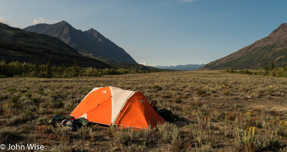 Caroline Wise and John Wise's tent at our first night camp in Kluane National Park on the Dezadeash River in Yukon, Canada