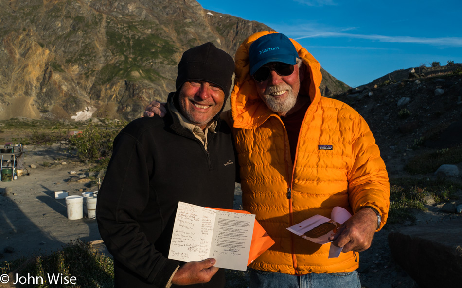 Steve Alt (Sarge) and Frank Kozyn (First Light Frank) celebrating birthdays at Lowell Lake in Kluane National Park Yukon, Canada