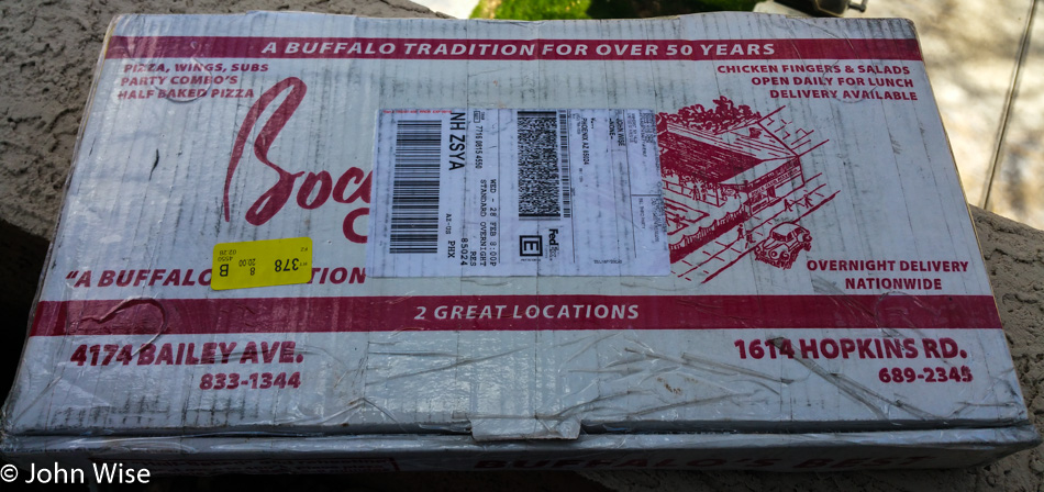 Bocce Club Pizza boxed up and overnighted from Bufffalo, New York