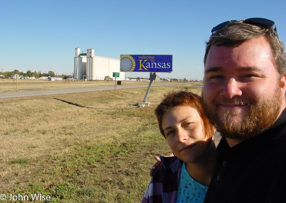 Kansas state sign near Elkhart, Kansas on highway 56 with Caroline Wise and John Wise
