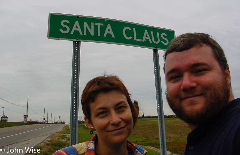 Caroline Wise and John Wise visiting Santa Claus in Indiana