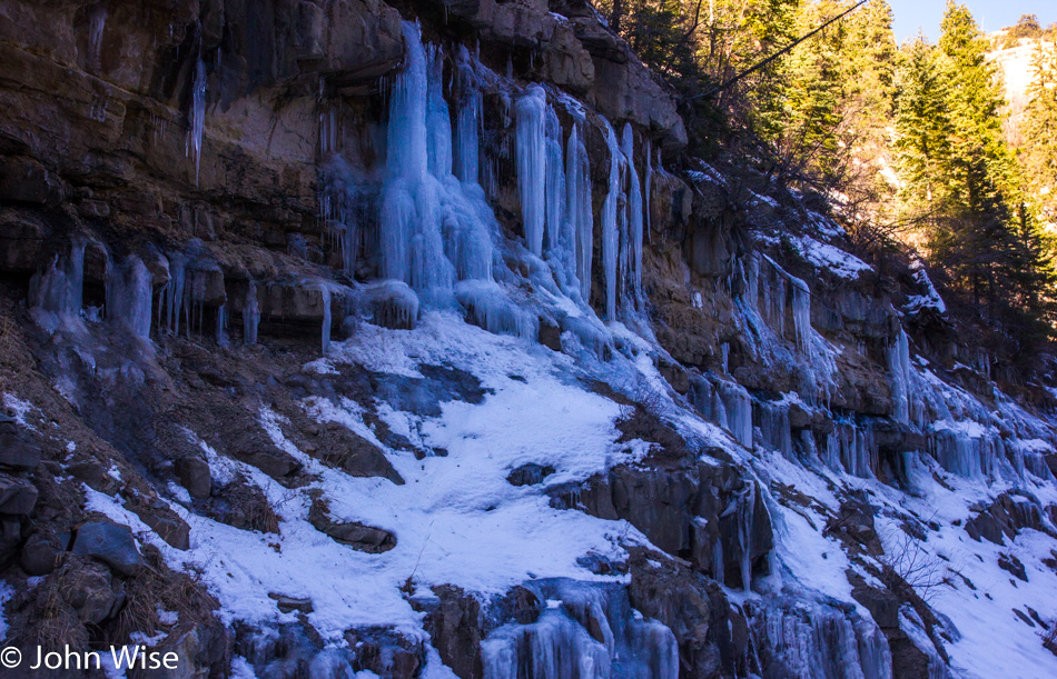Frozen waterfall next to the road on Highway 89 in Utah