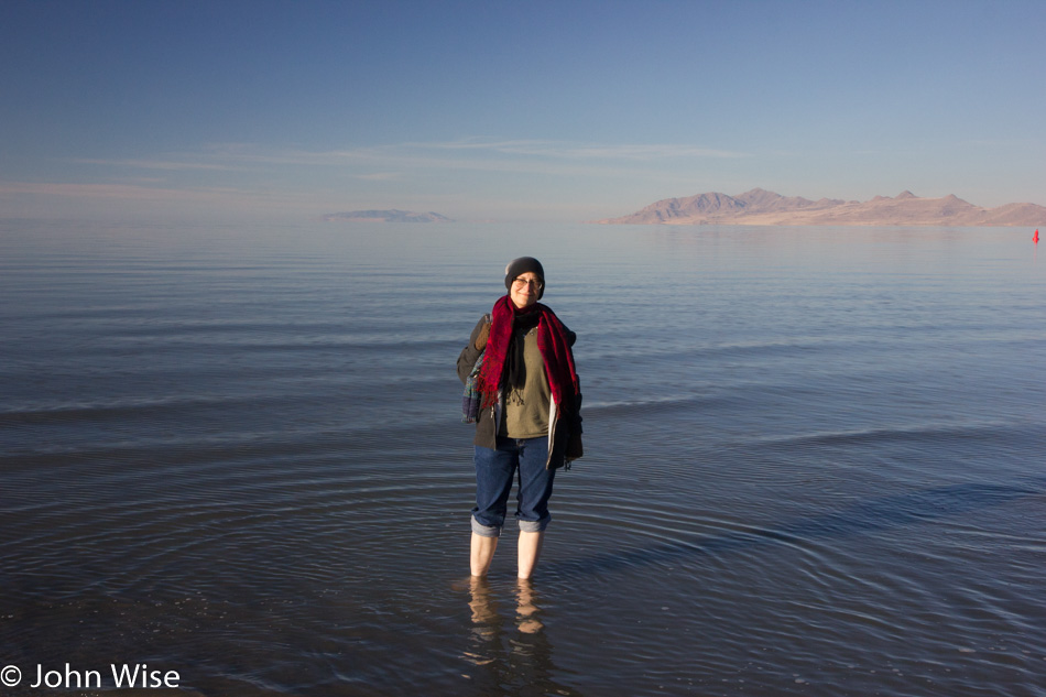 Caroline Wise standing in the Great Salt Lake off Interstate 80 in Utah