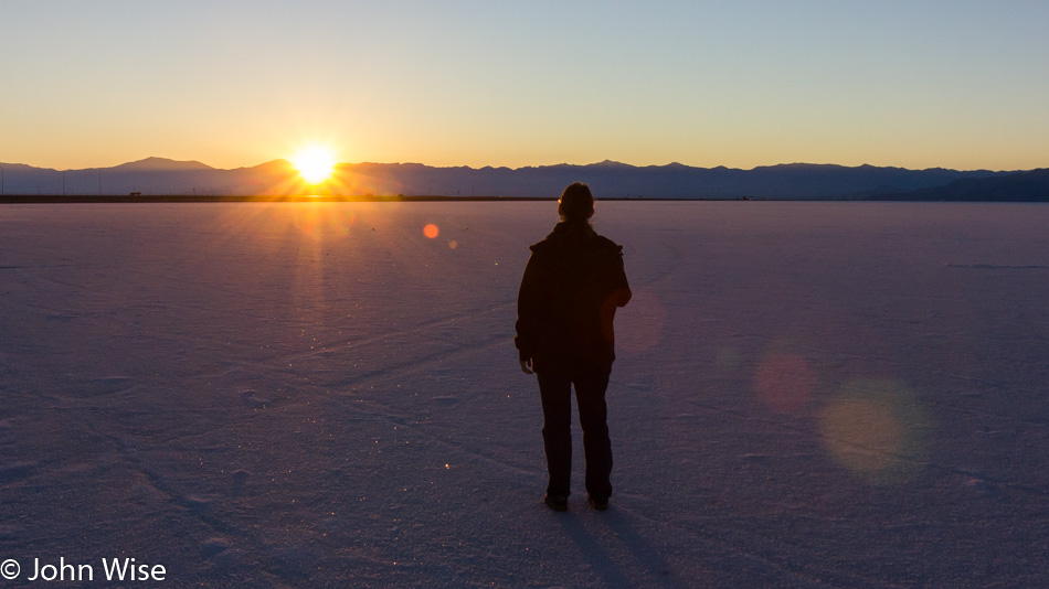 Caroline Wise taking in the last moments of sunlight on the Bonneville Salt Flats in western Utah