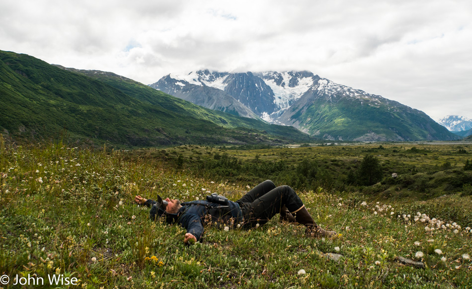 Pauly Borichevsky chilling in front of Mt. Blackadar along the Alsek river in British Columbia, Canada