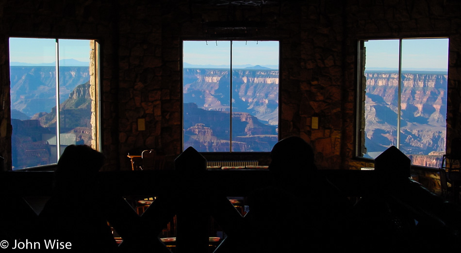 View of the Grand Canyon from inside the Grand Canyon Lodge on the North Rim in Arizona