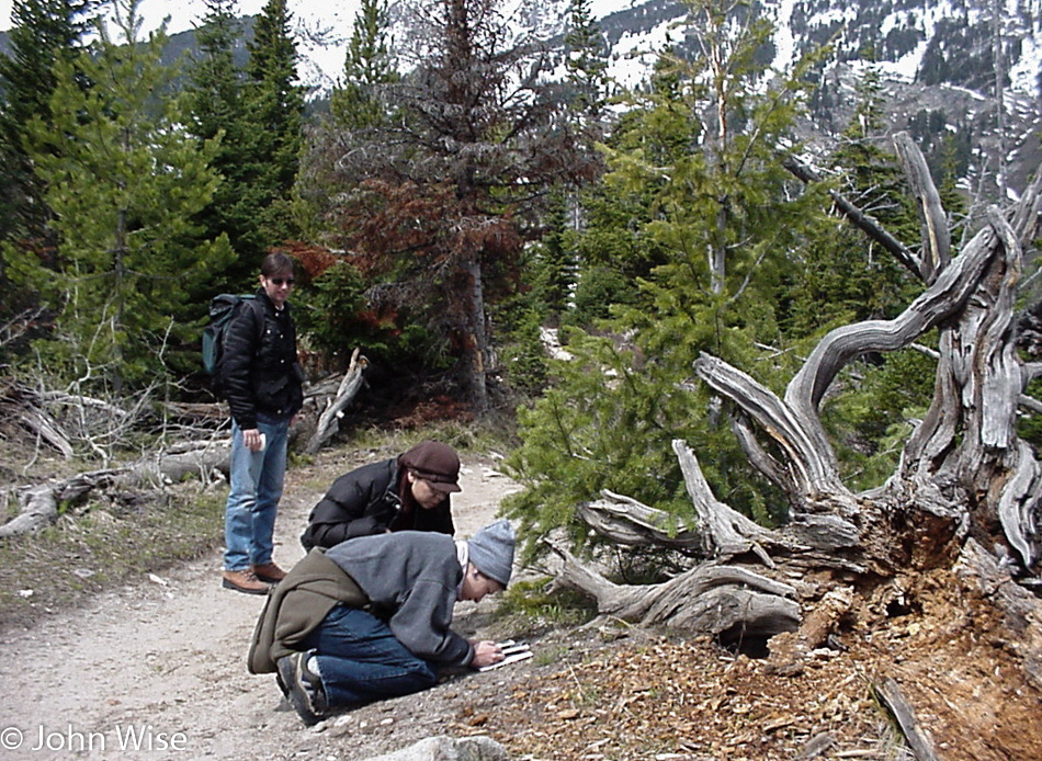 Axel Rieke, Ruby Rieke, and Caroline Wise inspecting something in Grand Teton National Park, Wyoming