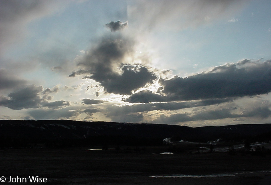 Sun setting in Yellowstone National Park Wyoming