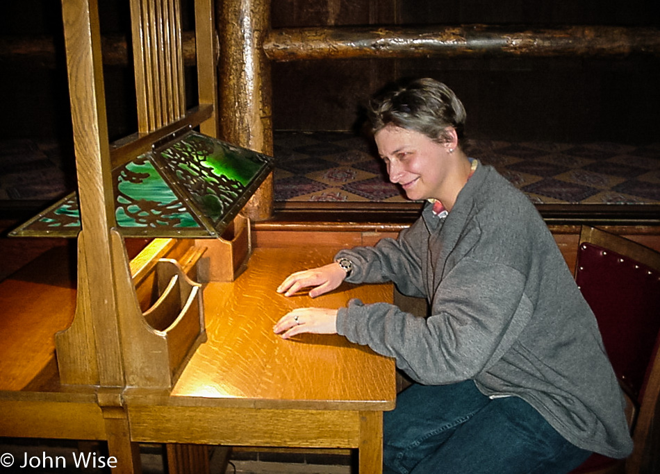 Caroline Wise at Old Faithful Inn in Yellowstone National Park, Wyoming