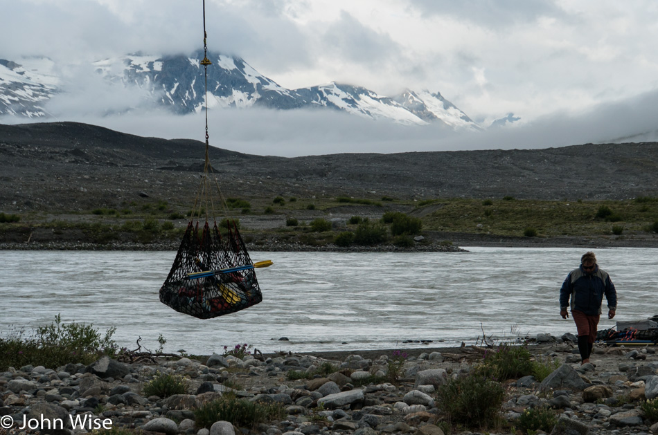 Our gear being lifted for a heli-portage at Tweedsmuir Glacier in British Columbia, Canada