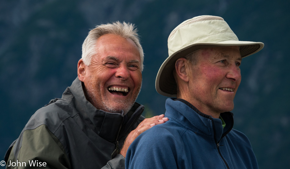 Steve "Sarge" Alt and William Mather in camp on the Alsek River in British Columbia, Canada