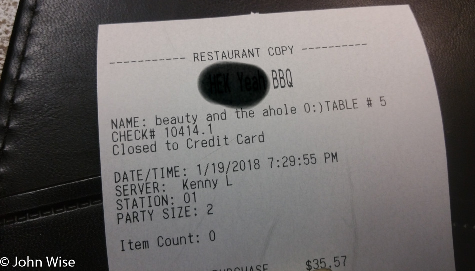 Local BBQ joint receipt in Arizona