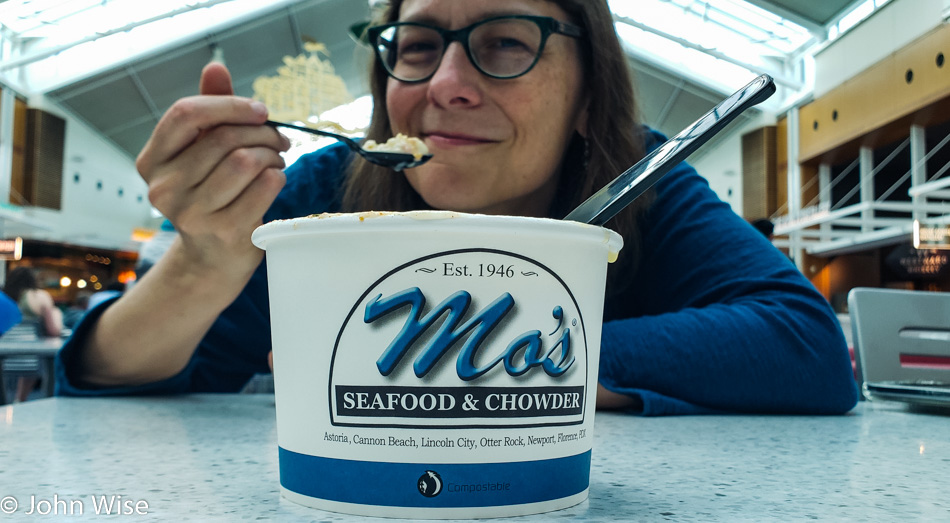 Caroline Wise at Mo's Seafood & Chowder at the Portland Airport, Oregon