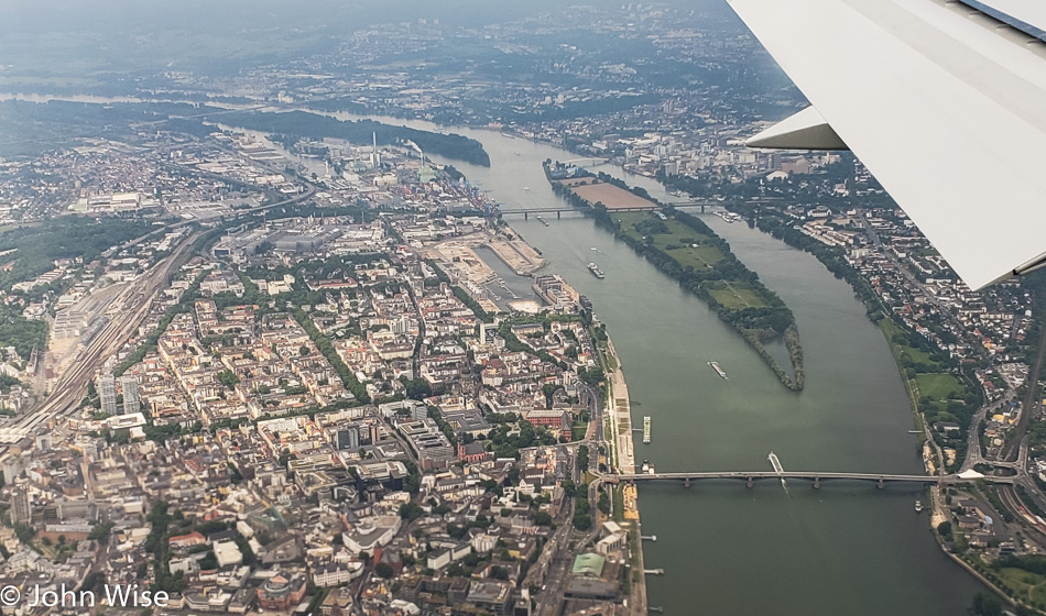 Approaching Frankfurt and passing the Main River in Germany