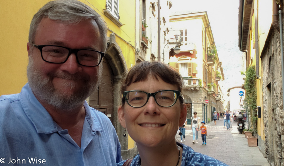 John Wise and Caroline Wise on the streets of Como, Italy