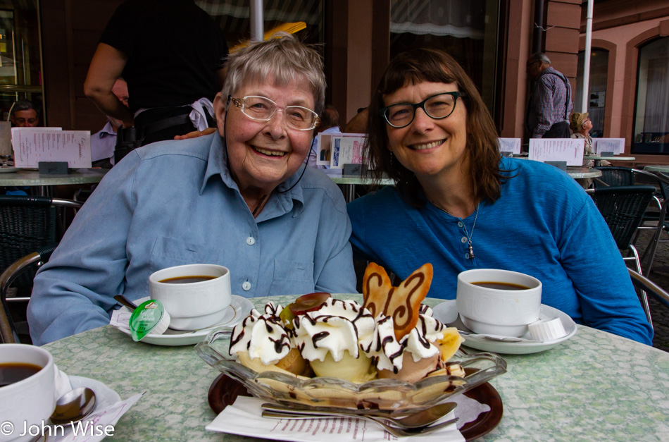 Jutta Engelhardt and Caroline Wise sharing a banana split in Mainz, Germany