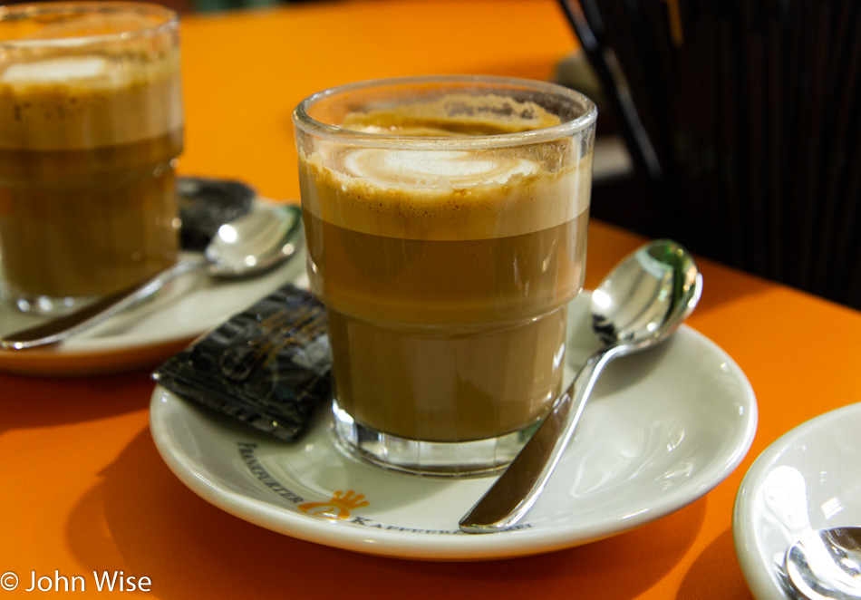 A Cortado coffee at Kleinmarkthalle in Frankfurt, Germany