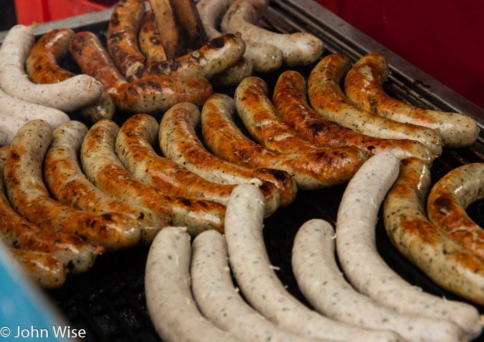 Bratwurst at Erzeugermarkt at Konstablerwache in Frankfurt, Germany