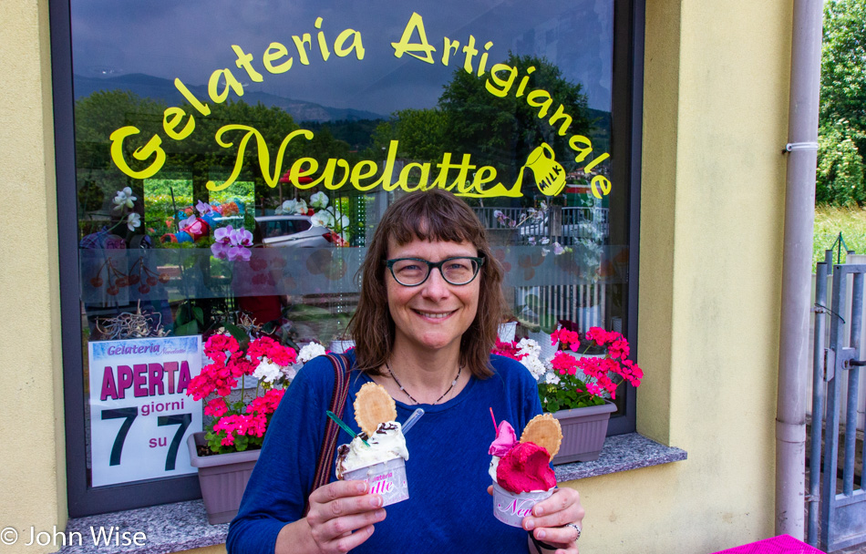 Caroline Wise at a roadside Gelato shop in Northern Italy