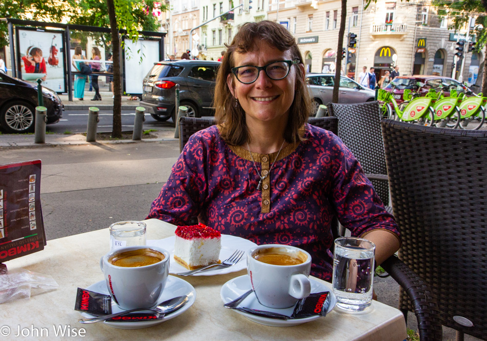Caroline Wise at a cafe in Budapest, Hungary