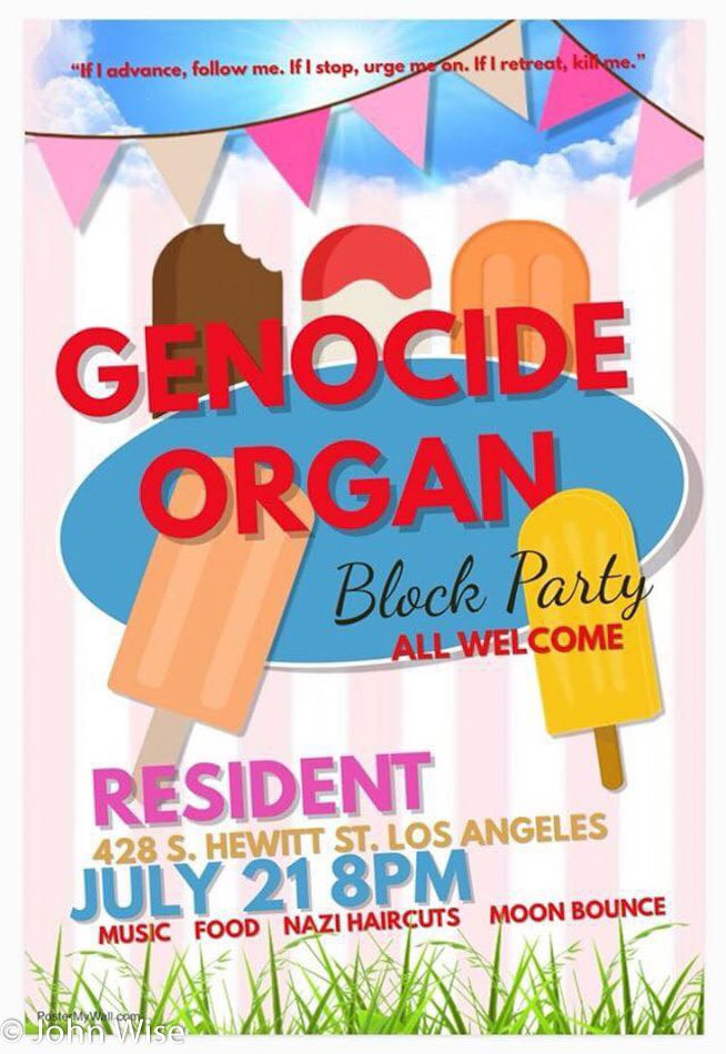 Flyer for Genocide Organ playing in Los Angeles, California