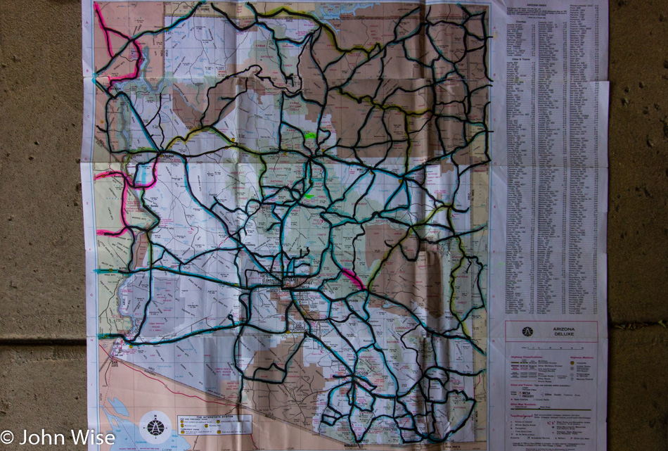 Map detailing the travels of John Wise and Caroline Wise in the state of Arizona