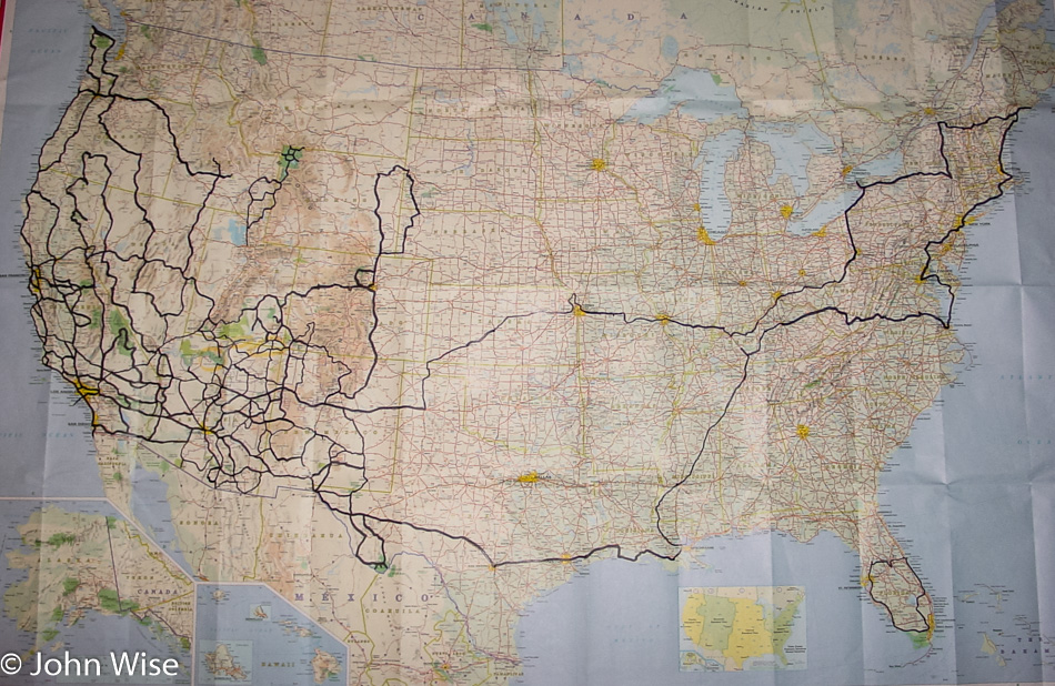 Map of John Wise and Caroline Wise's travels across America