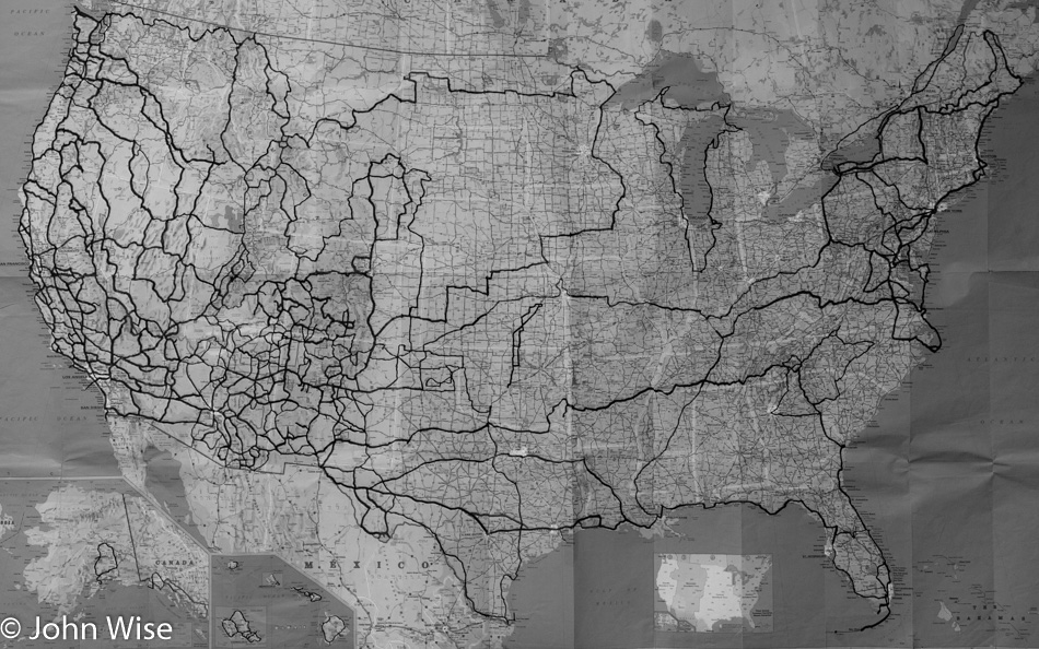 Map of John Wise and Caroline Wise's travels across America