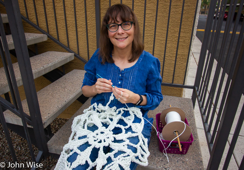 Caroline Wise crocheting for Choi + Shine Architects in Phoenix, Arizona 