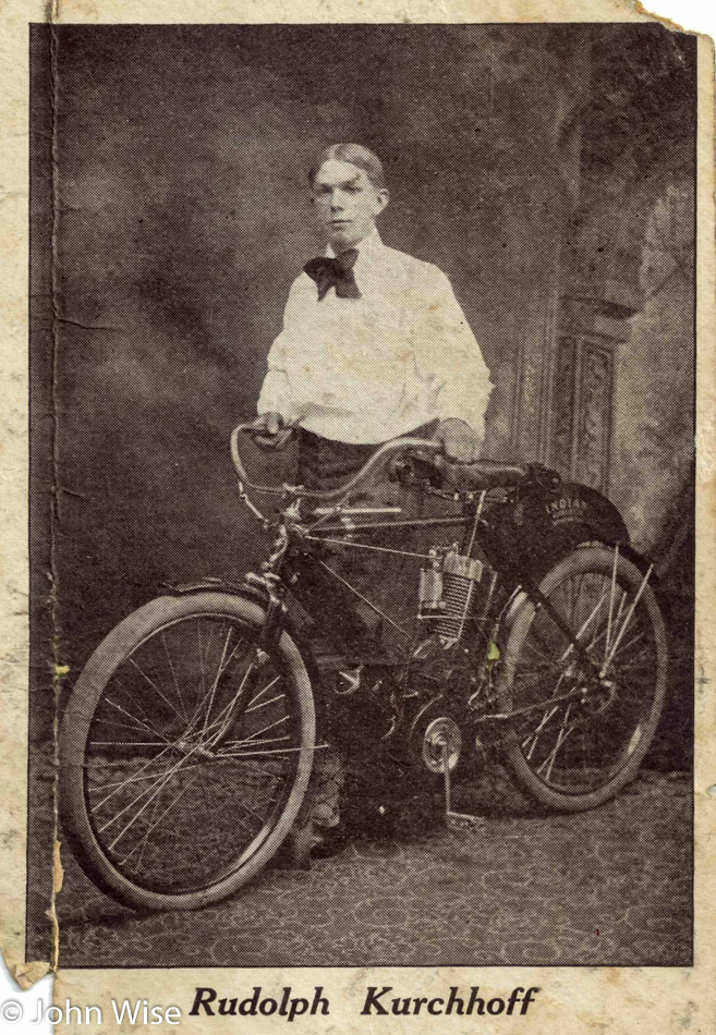 Rudolph Kurchhoff circa 1907 and his Indian Camel Back Motorcycle in Buffalo, NY