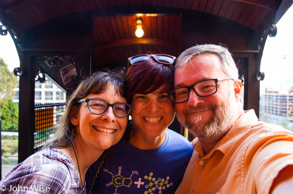 Caroline Wise, Jessica Aldridge, John Wise at Angels Flight in Los Angeles, California