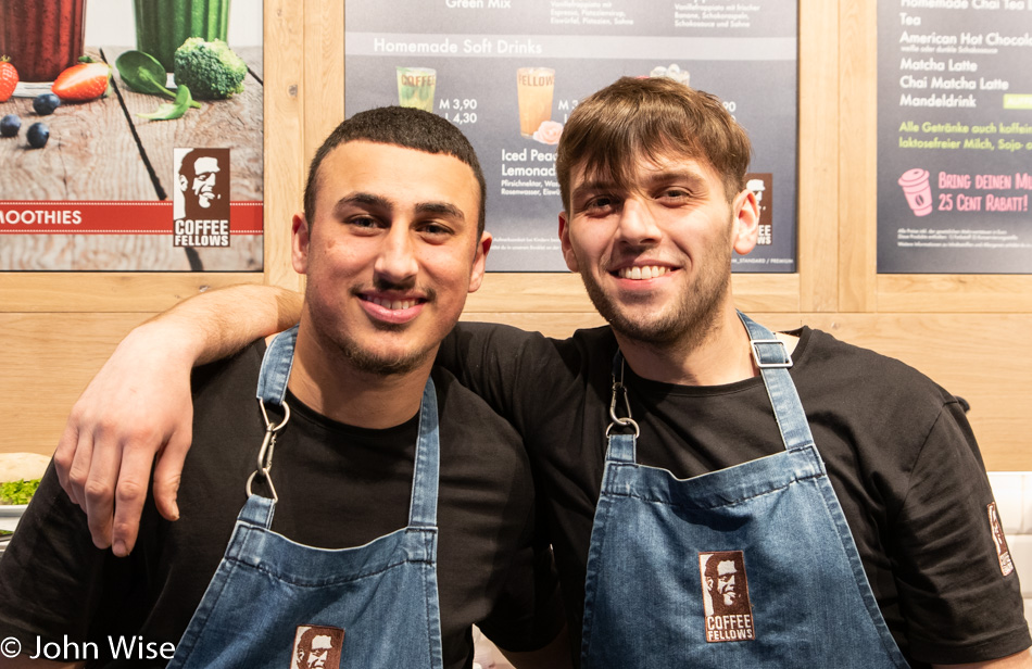 Can and Aleks working at Coffee Fellows on Alexanderplatz in Berlin, Germany