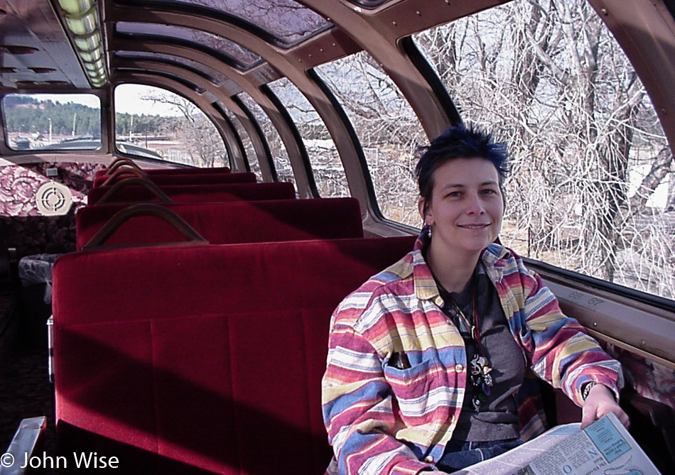 Caroline Wise on the train to the Grand Canyon in 2000