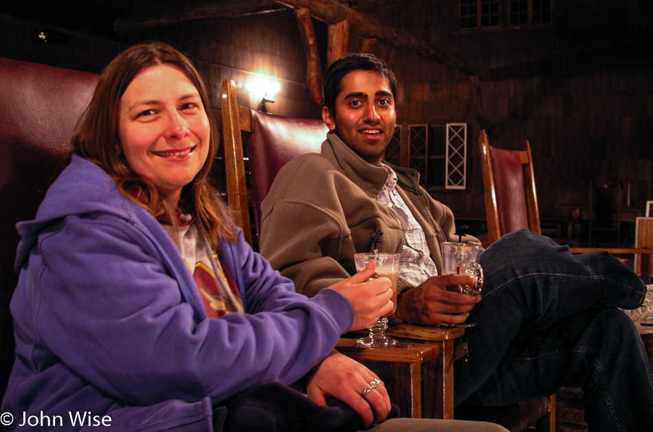 Caroline Wise and Jay Patel at Old Faithful Inn in Yellowstone National Park