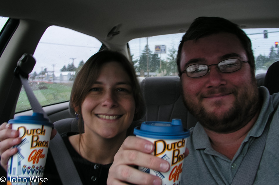 Caroline Wise and John Wise having their first Dutch Bros Coffee on the Oregon coast